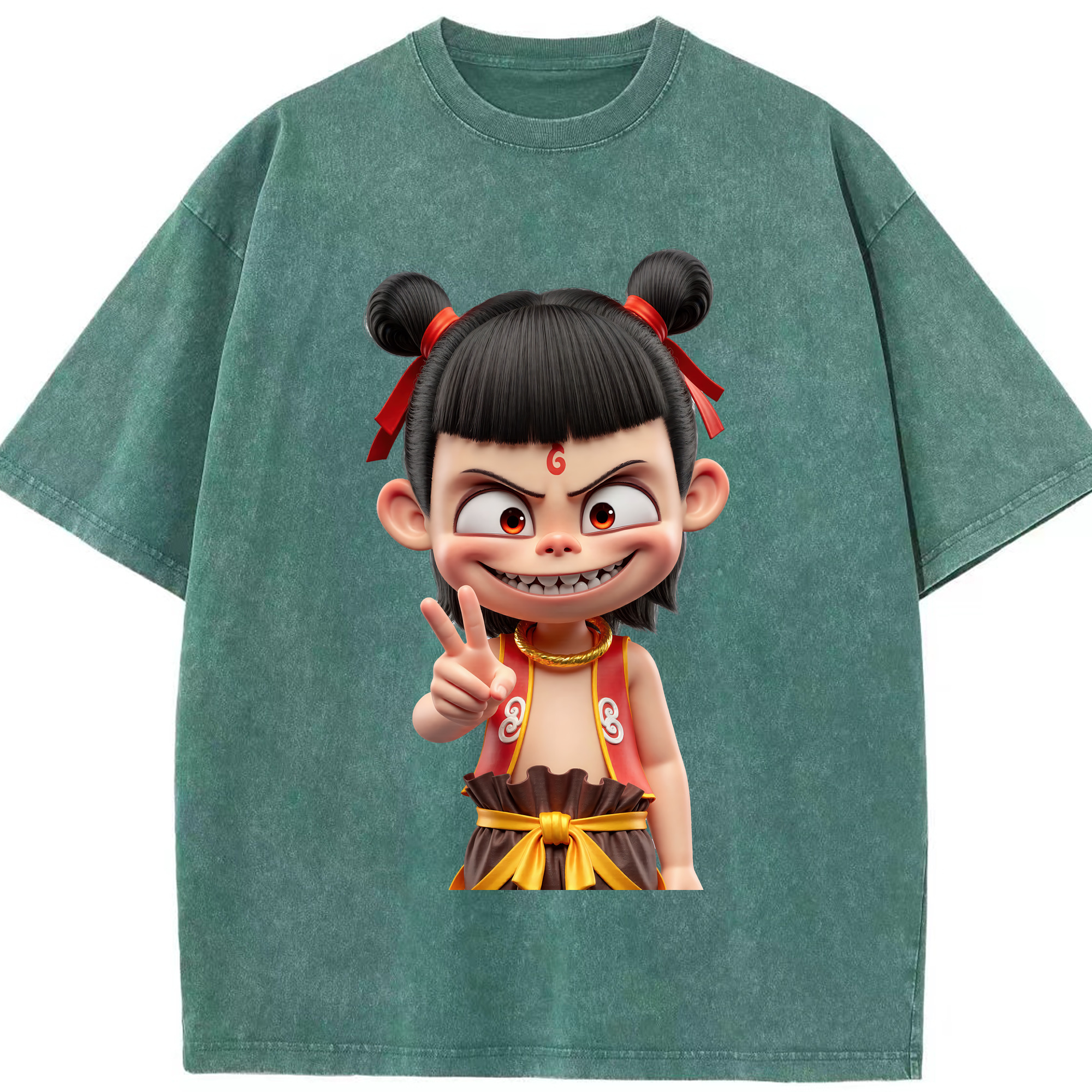 （画像用） Ne Zha 2 ナタ 魔童の大暴れ 綿100% ヴィンテージ風 半袖Tシャツ（フロントプリント）